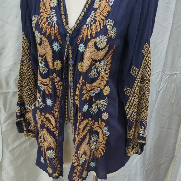 Johnny Was Embroidered Navy and Gold Open Front Jacket - Picture 4 of 13